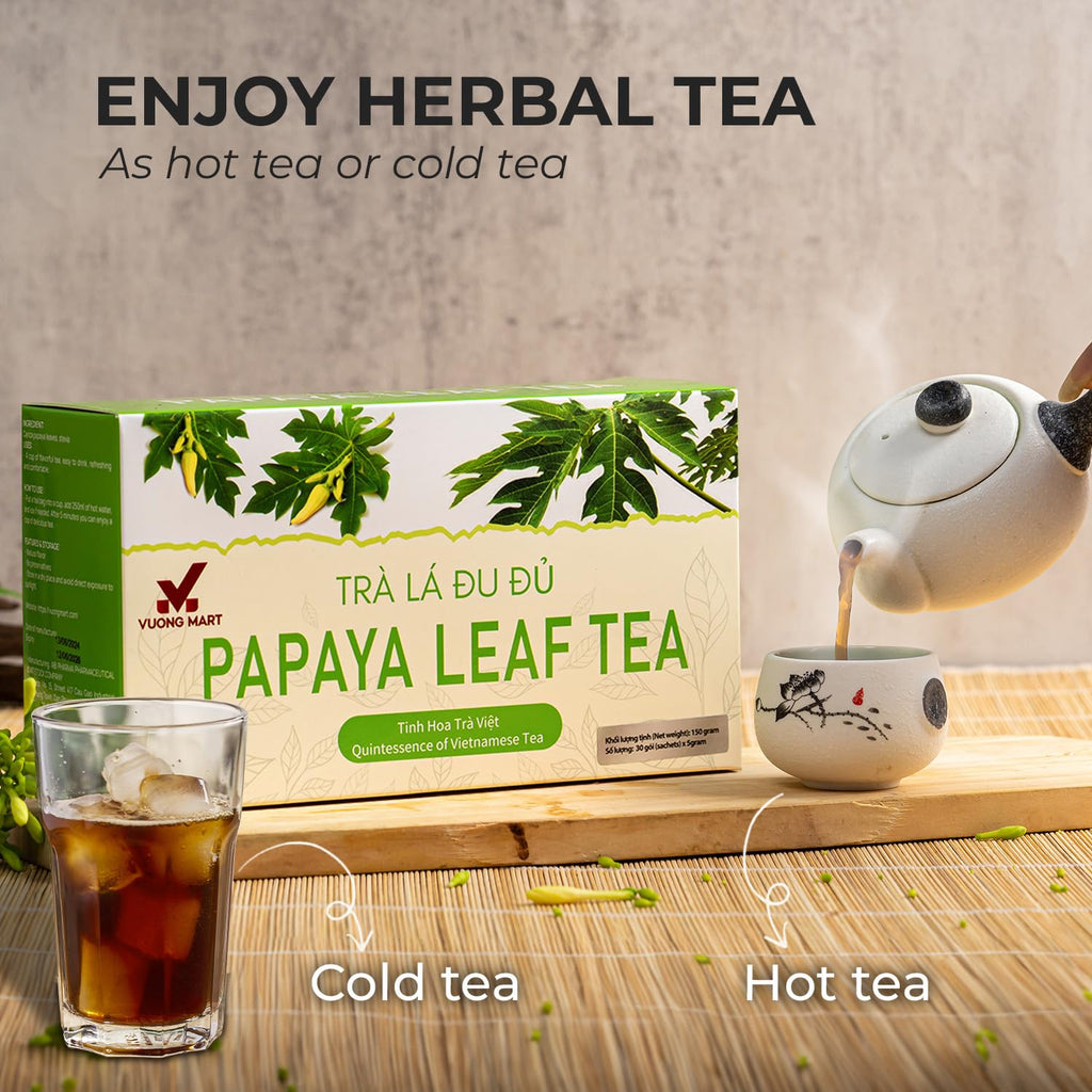 VUONGMART Dried Carica Papaya Leaf Tea, Stevia, 100% Hand Pick, Organic Herbal Tea, 30 Count, Gluten Free, Dairy Free, Sugar Free, Energy Boost & Health Support