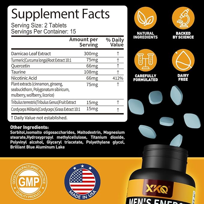 XKQ Men’s Vitality Support Supplement – Daily Energy & Performance Formula for Adult Men | Supports Circulation, Stamina & Confidence | Herbal & Amino Blend | 30 Tablets | 3rd Party Tested