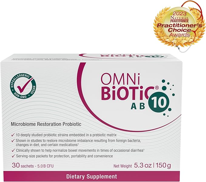 OMNi BiOTiC AB 10 - Clinically Tested Restorative Probiotic - Supports & Restores Gut Flora & Digestion - Digestive Probiotic for Diarrhea - Vegan, Hypoallergenic, Non-GMO (30 Daily Packets)