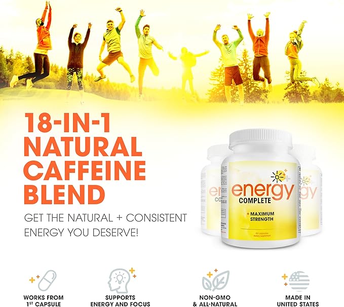 Energy Complete - 18-in-1 Vegan Energy and Focus Supplement - Vegan Caffeine Pills (60 Daily Capsules)