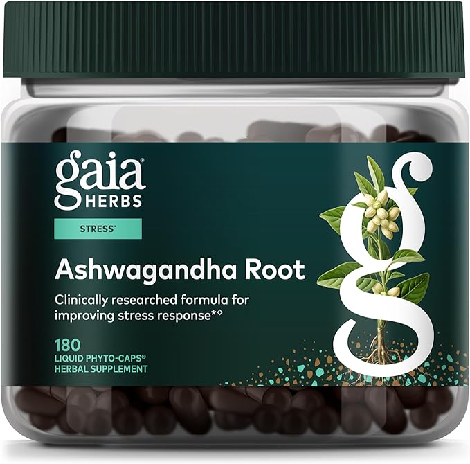Gaia Herbs Ashwagandha Root - Stress Relief & Sleep Support Supplement - Supports Balanced Energy Levels & Positive Outlook* - 180 Vegan Liquid Phyto-Caps (90 Servings)