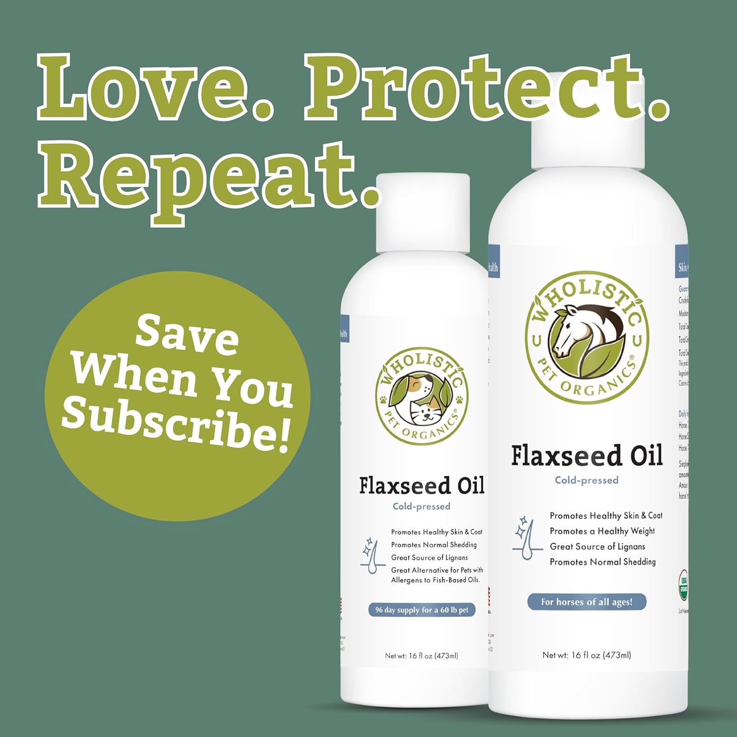 Wholistic Pet Organics Flaxseed Oil: Organic Flaxseed Oil for Horses -Flax Oil Horse Supplement with Antioxidant Rich Rosemary and Omega 3, 6 Fatty Acids for Cardio, Immune, Skin and Coat Health-16 Oz