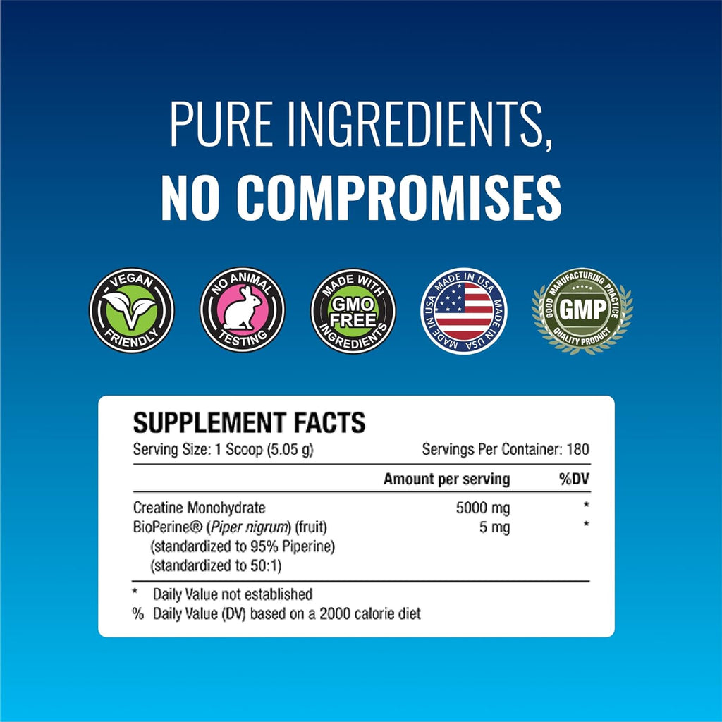 Approved Science Creatine Monohydrate Powder with BioPerine - Supports Lean Muscle Growth and Recovery - 180 Servings - 5g Per Serving - Unflavored - Non-GMO, Vegan