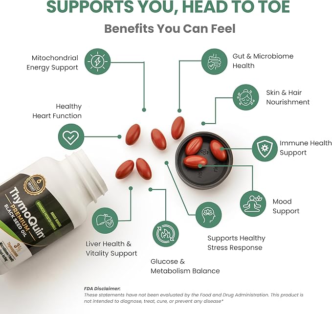 Cold Pressed Black Seed Oil Capsules | USP-Grade, Potent, Full-Spectrum Formula with 3% Thymoquinone | Non-GMO Black Cumin Seed Oil Capsules for Daily Wellness & Vitality | 500mg, 60 Softgel