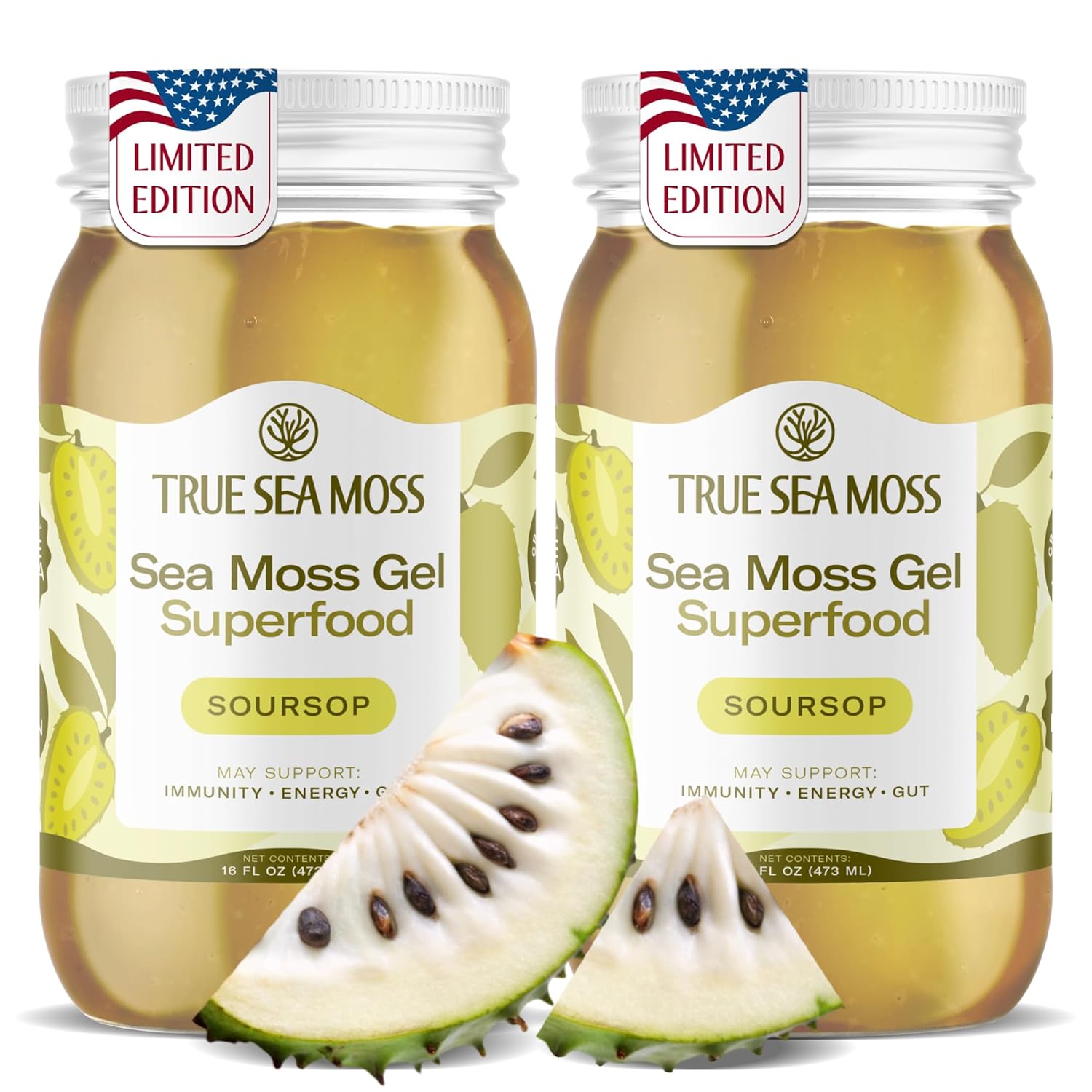 TrueSeaMoss Sea Moss Gel – Made in USA – Wildcrafted Seamoss, Fruits & Jarred Vegetables – Soursop, Pack of 2 (Labels may Vary)