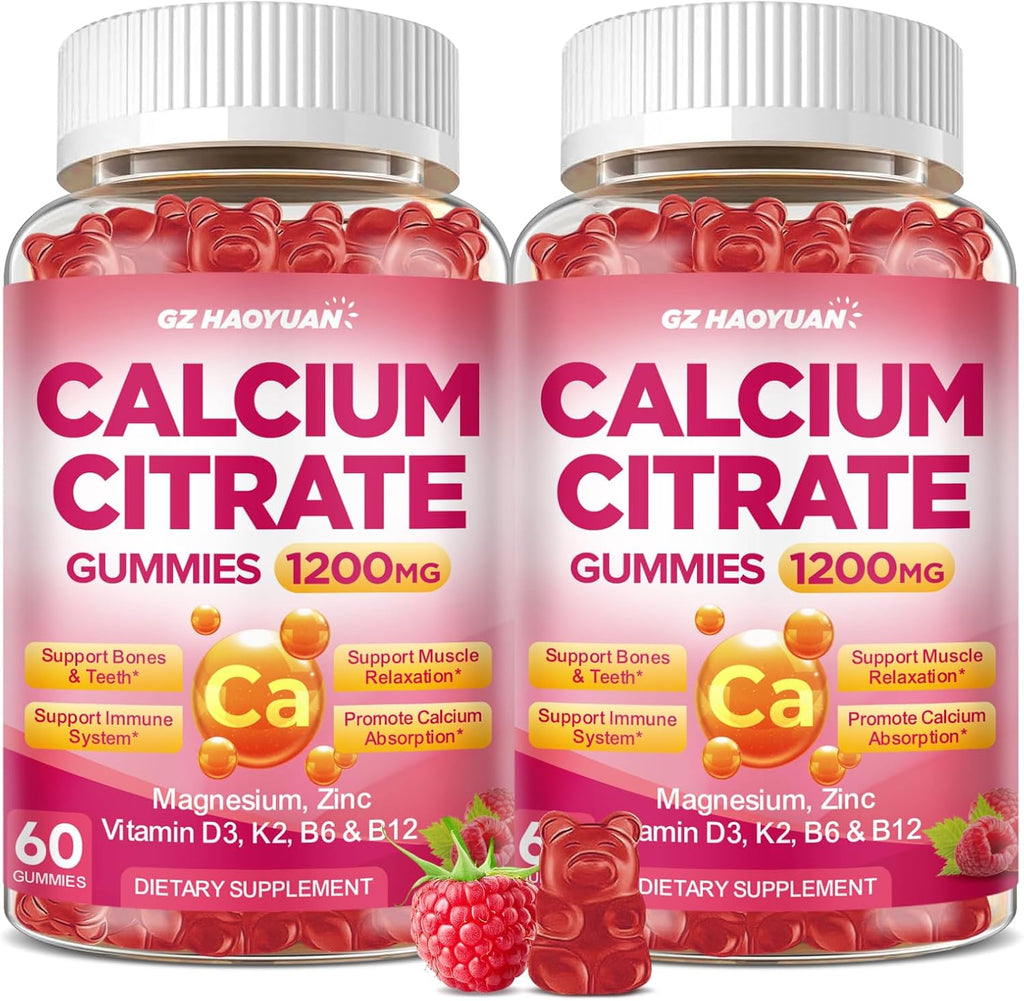 Calcium Citrate Gummies - 1200mg Calcium Gummies Supplements for Women & Men with Vitamin D3, K2, Magnesium, Zinc High Absorption for Bone, Muscle & Immune Support, Raspberry Flavor, 120 Count
