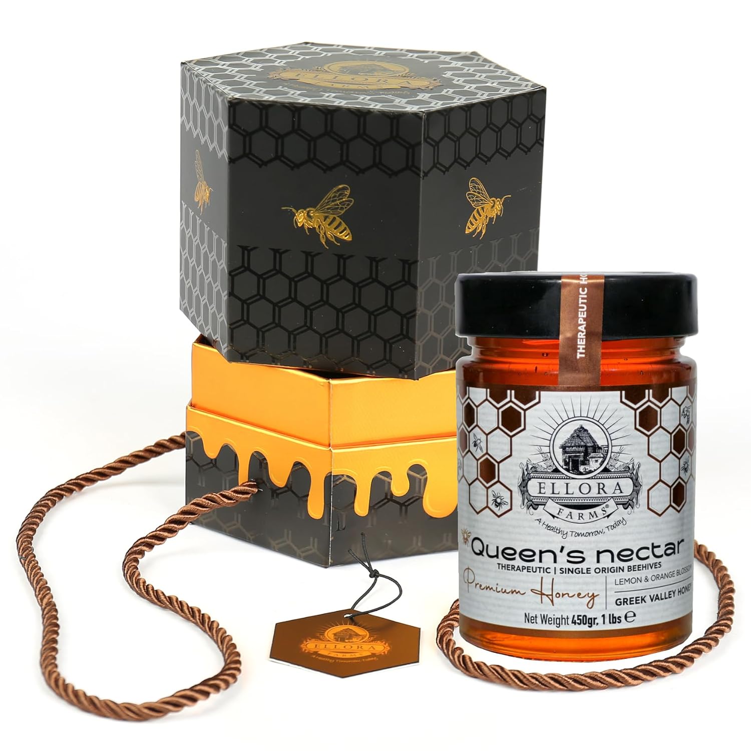 Ellora Farms Greek Honey, Lemon & Orange Blossom Pure Honey, Island of Crete, Kosher, 2025 Paris Platinum Award, Non-GMO and Unpasteurized, Gift Pack with Dipper - 450 g