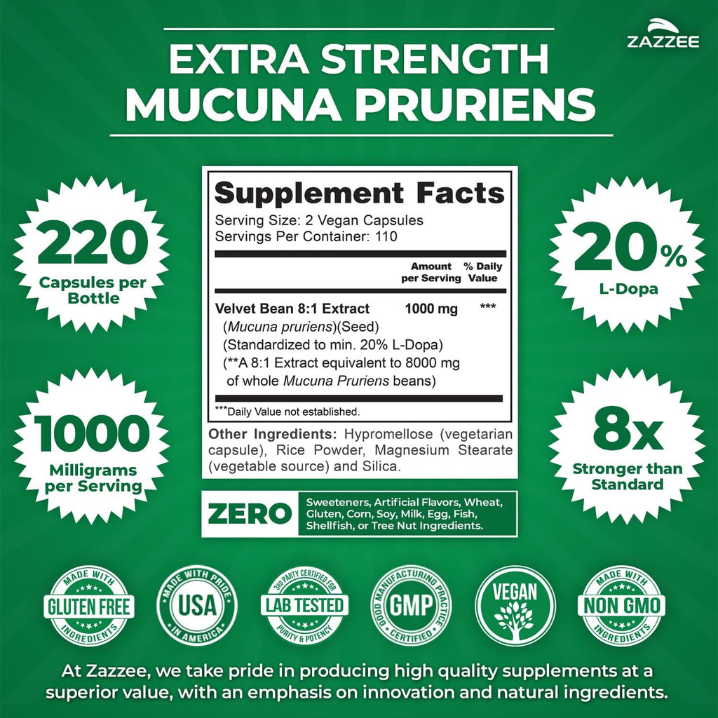 Zazzee Extra Strength Mucuna Pruriens 8:1 Extract, Minimum 20% L-Dopa, 1000 mg, 220 Vegan Capsules, 110 Day Supply, Concentrated and Standardized 8X Extract, 100% Vegetarian, All-Natural and Non-GMO