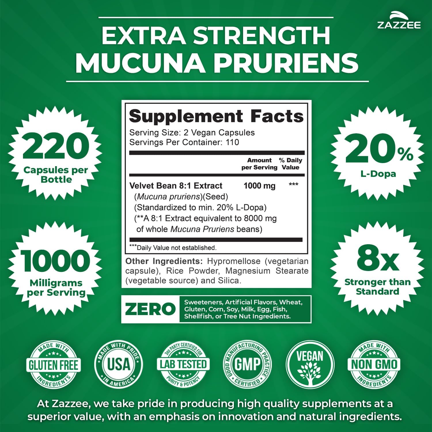 Zazzee Extra Strength Mucuna Pruriens 8:1 Extract, Minimum 20% L-Dopa, 1000 mg, 220 Vegan Capsules, 110 Day Supply, Concentrated and Standardized 8X Extract, 100% Vegetarian, All-Natural and Non-GMO