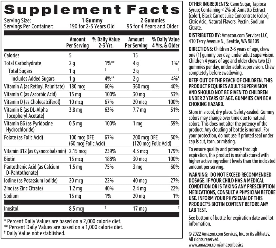 Amazon Basics Kids' Multivitamin, 190 Gummies, Orange, Cherry & Strawberry (Previously Solimo)