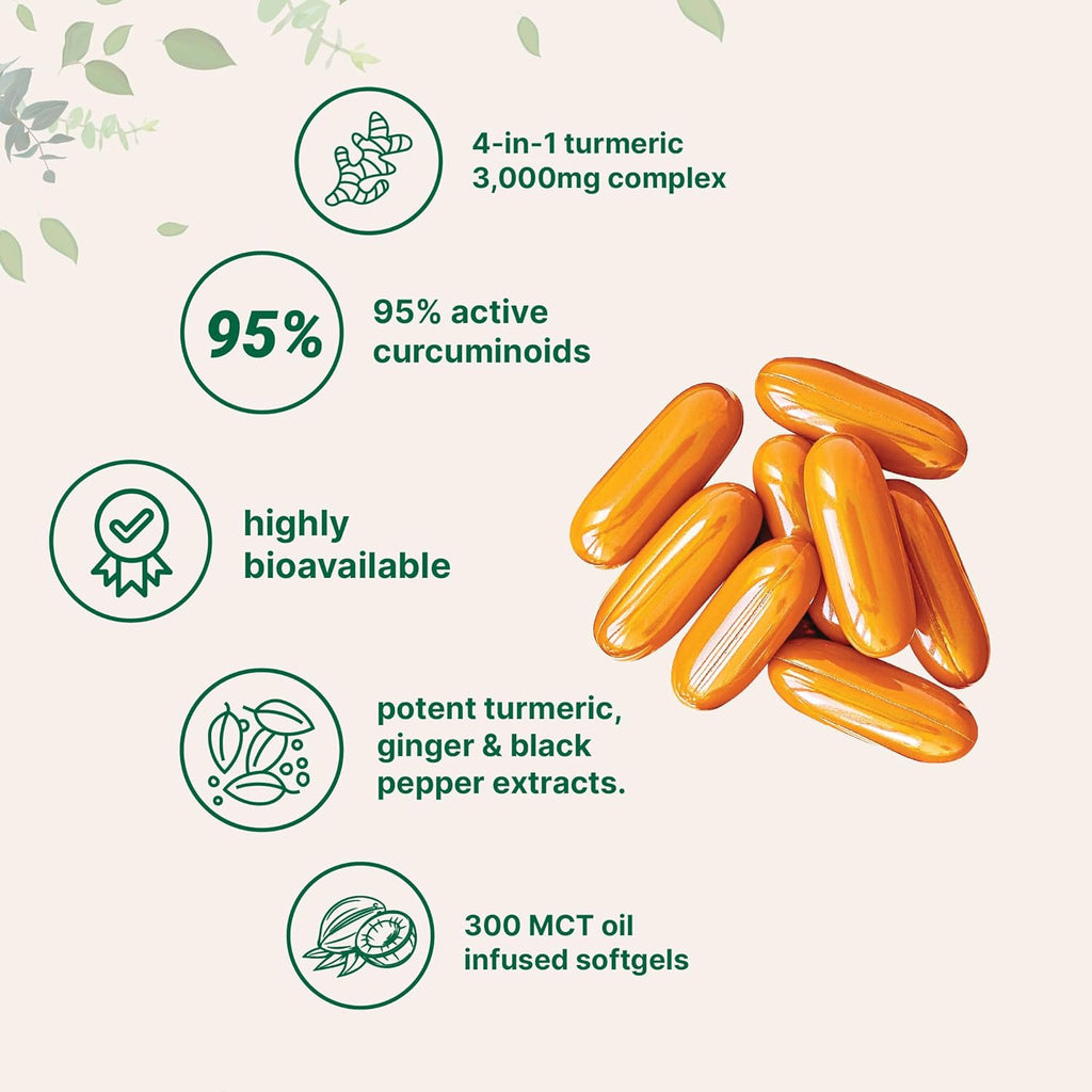 Turmeric Curcumin Supplement with Black Pepper & Ginger 3,000mg, 300 MCT Oil Softgels | 95% Curcuminoids | High Absorption | Healthy Joint Support for Men & Women | Non-GMO