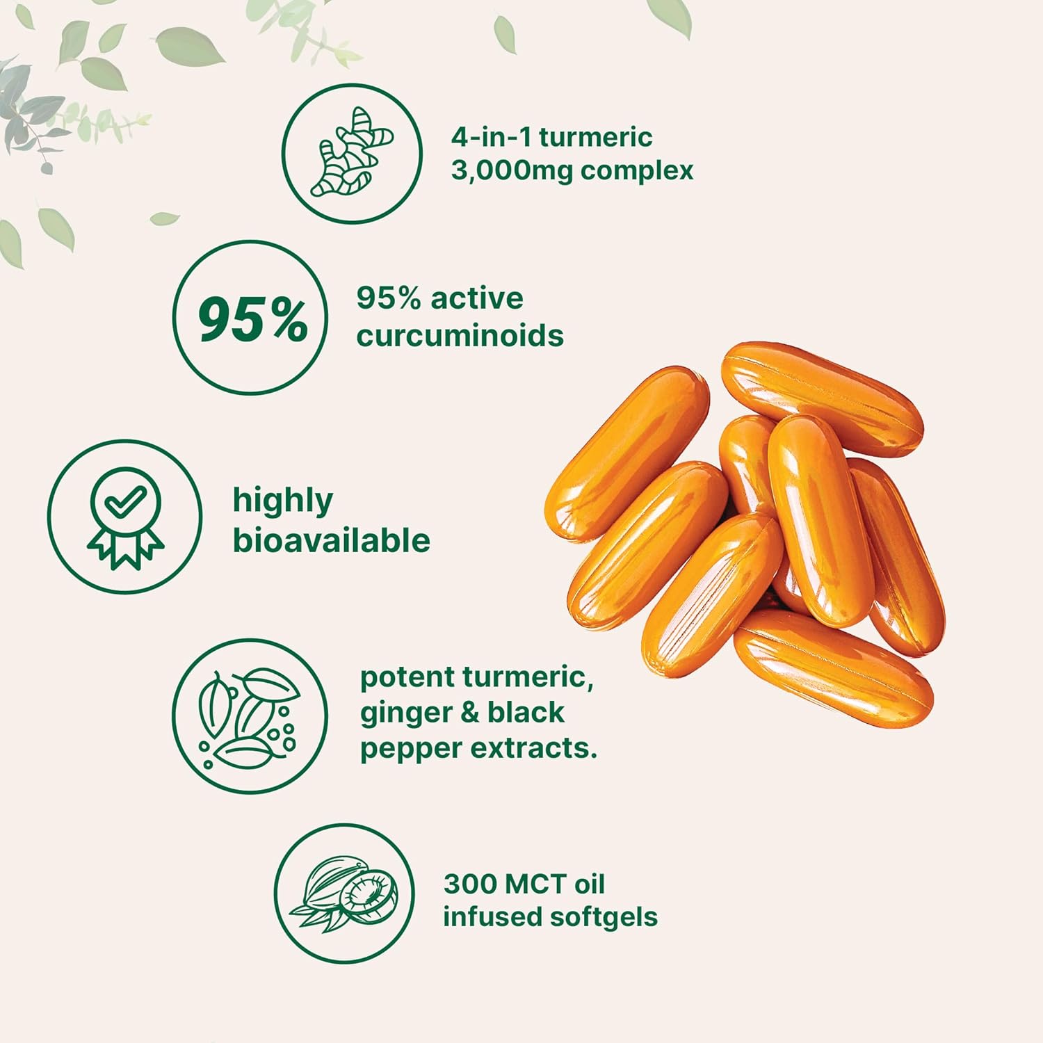 Turmeric Curcumin Supplement with Black Pepper & Ginger 3,000mg, 300 MCT Oil Softgels | 95% Curcuminoids | High Absorption | Healthy Joint Support for Men & Women | Non-GMO