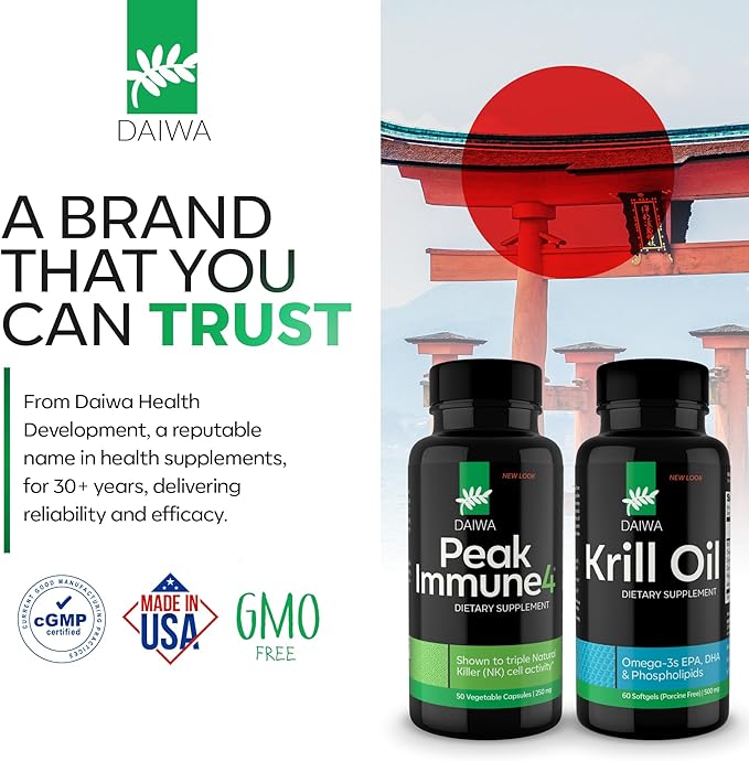 Daiwa PeakImmune4 + Daiwa Krill Oil Daily Wellness Support Bundle – Immune System Booster + Omega 3 Krill Oil Capsules