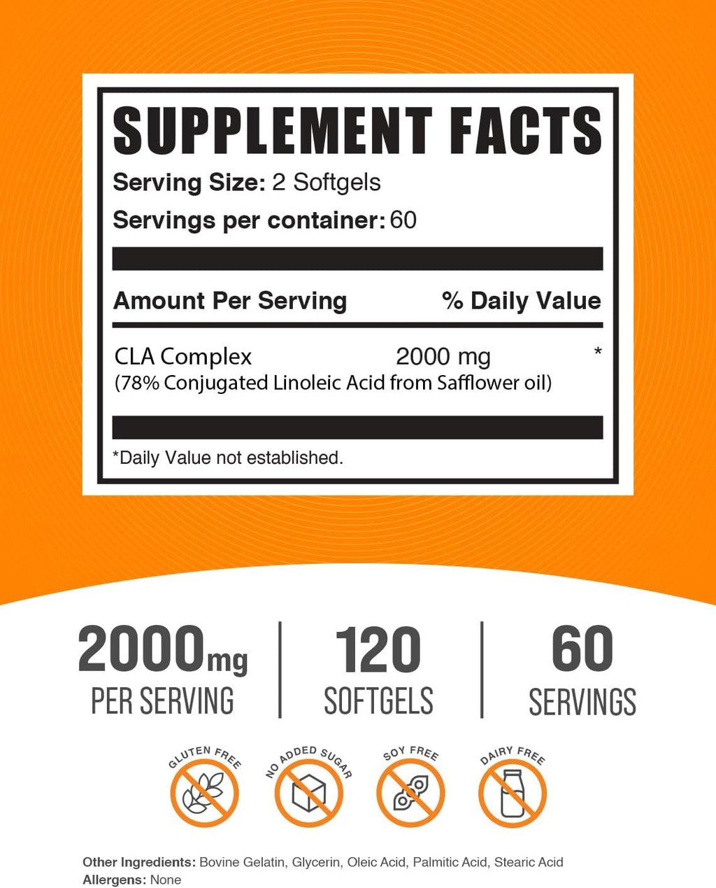 BulkSupplements.com CLA Softgels - Conjugated Linoleic Acid, CLA Supplements - Gluten Free, 2 Softgels per Serving (2000mg), 120 Count (Pack of 1)