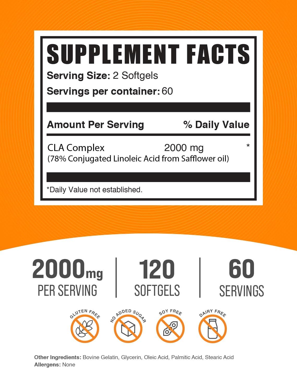 BulkSupplements.com CLA Softgels - Conjugated Linoleic Acid, CLA Supplements - Gluten Free, 2 Softgels per Serving (2000mg), 120 Count (Pack of 1)