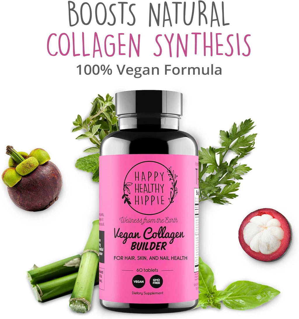 Vegan Collagen Builder w/ Hyaluronic Acid – Hair Skin and Nails Vitamins for Youthful Glow | Keratin & Elastin Booster | Bones, Cartilage, Tendons | Vitamin A, L-Lysine | Vegetarian | Non-GMO, 60 Ct