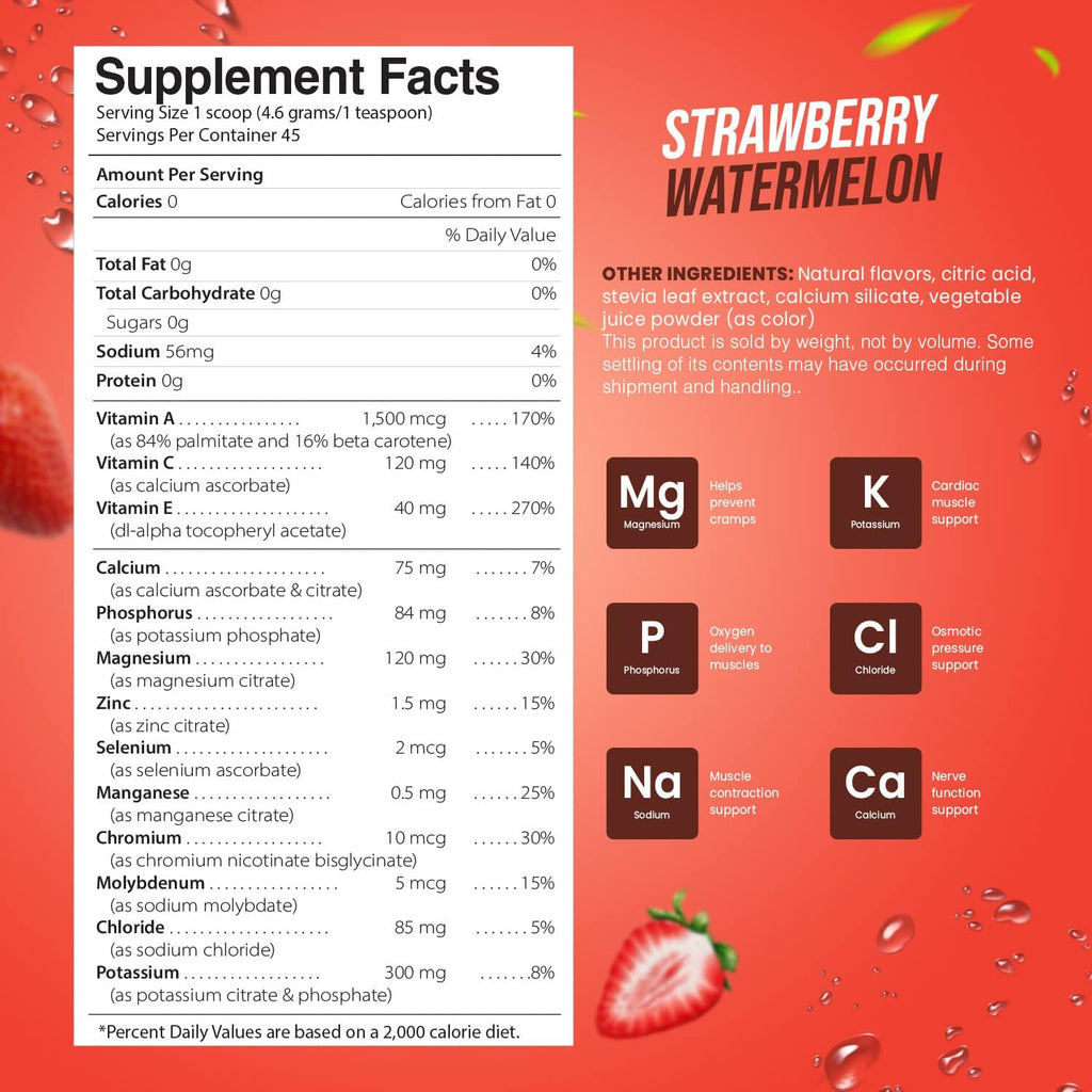 Electrolyte Powder - Refreshing Workout Recovery Electrolytes, Sugar Free, Gluten Free & Vegan, Pure Keto & Paleo Hydration Beverage, Immune Boosting Vitamins (198 Grams, Strawberry Watermelon)