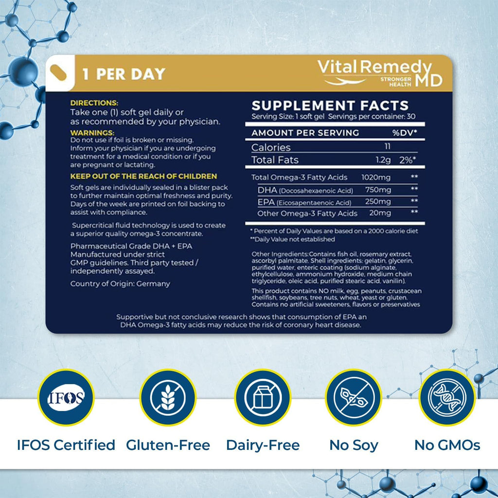 VitalOils1000 - Omega-3 Fish Oil 1200mg(750 DHA+450 EPA). IFOS 5-Star. Non-GMO & Gluten-Free. No Fishy Aftertaste. High Absorption, Brain, Heart, Prenatal Support, 30 Blister-Sealed Caps, Made in USA