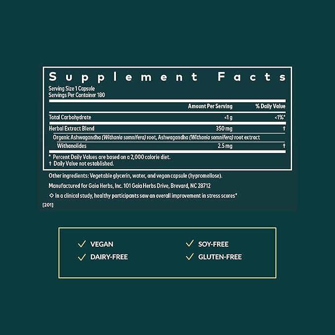 Gaia Herbs Ashwagandha Root - Stress Relief & Sleep Support Supplement - Supports Balanced Energy Levels & Positive Outlook* - 180 Vegan Liquid Phyto-Caps (90 Servings)