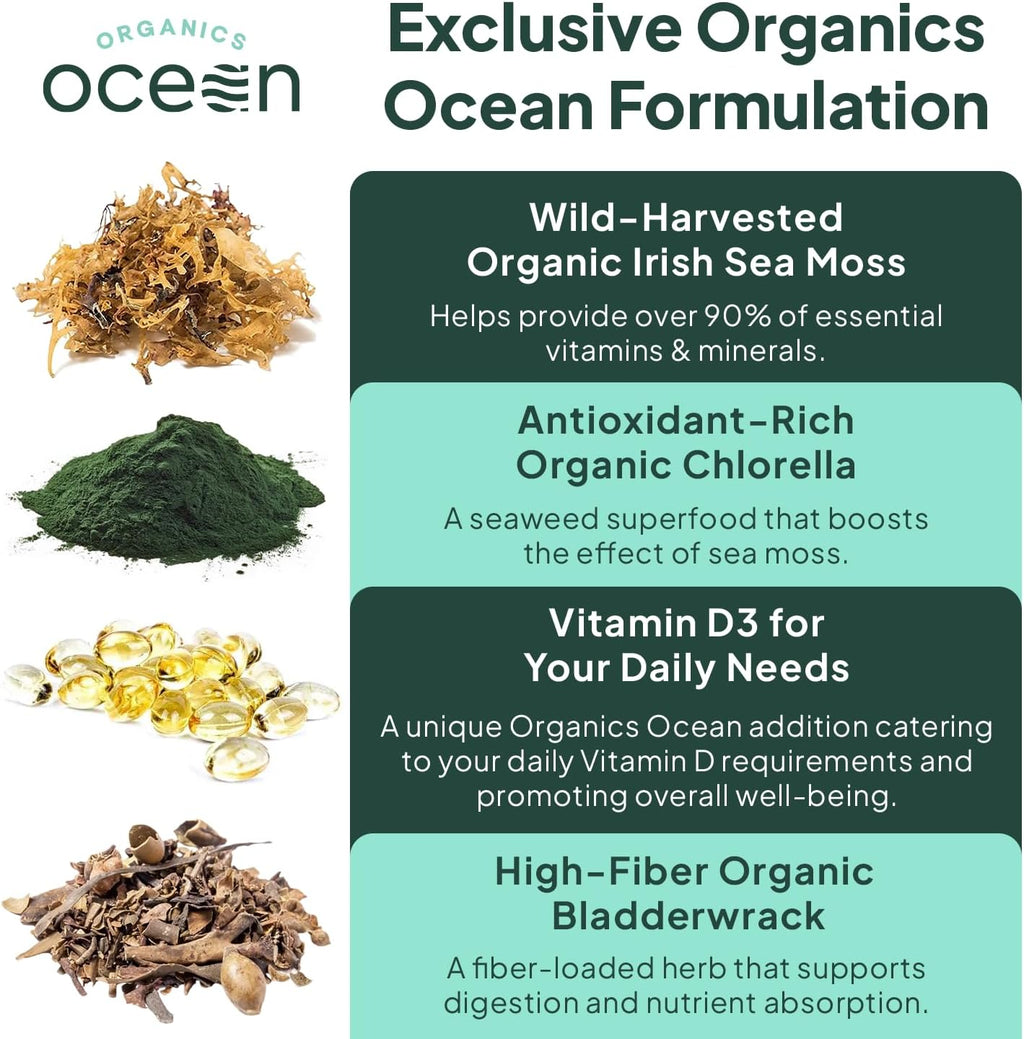 Wild Sea Moss Capsules - 100% Organic Irish Sea Moss with Organic Chlorella, Bladderwrack and Vitamin D for Energy, Lung Health and Thyroid Support for Women and Men - 3 Bottles