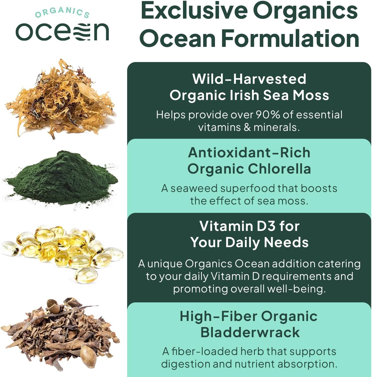 Wild Sea Moss Capsules - 100% Organic Irish Sea Moss with Organic Chlorella, Bladderwrack and Vitamin D for Energy, Lung Health and Thyroid Support for Women and Men - 3 Bottles