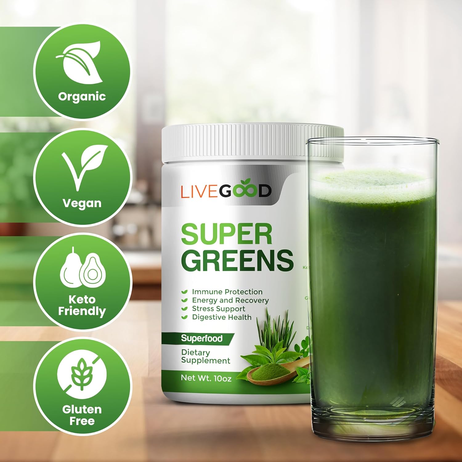 LIVEGOOD™ Organic Super Greens with Wheat, Barley, Oat Grass, Matcha Green Tea, Aloe Vera, Vegan, Gluten Free, 7.2 oz.