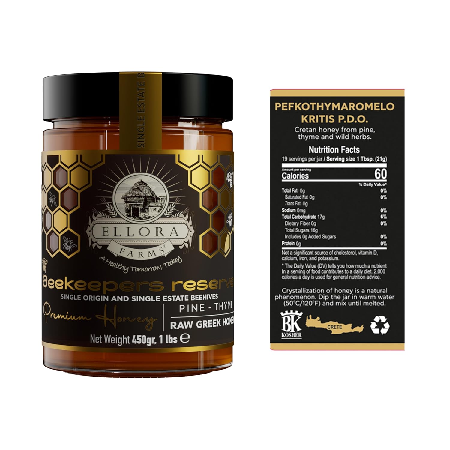 Ellora Farms Greek Honey Single Estate PDO, Pine & Thyme Raw Honey Unfiltered, Beekeepers Reserve, Pure Raw & Unfiltered Cold-Pressed, Gluten Free - 450 g
