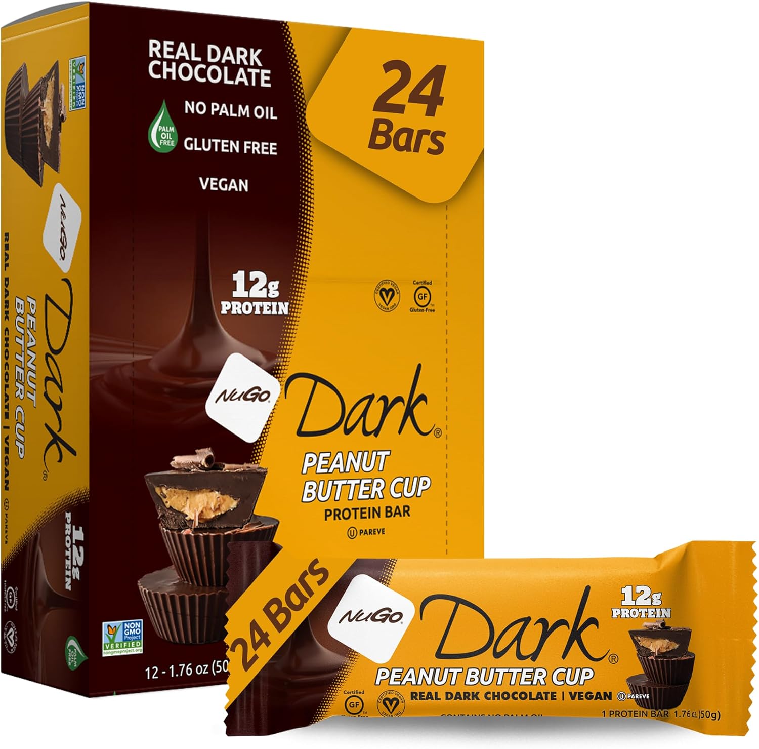 NuGo Dark Peanut Butter Cup, 12g Protein Bar, Vegan, Gluten Free, Non-GMO, Kosher Pareve, 24 Count
