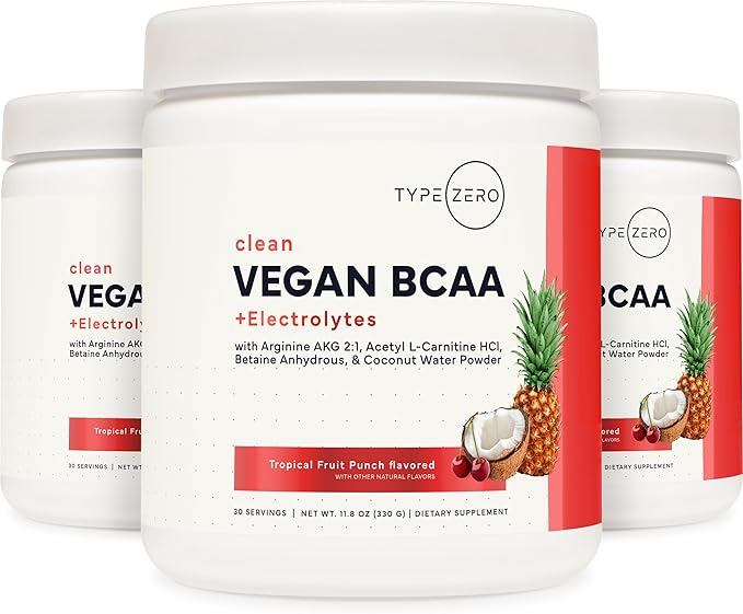 Type Zero Ultra Clean Vegan BCAA Powder + Electrolytes (Tropical Fruit Punch | 6G) 2:1:1 Sugar-Free/No Sucralose BCAAs Amino Acids Supplement - BCAA Vegan Amino Acids After Workout Drink, 30 Servings