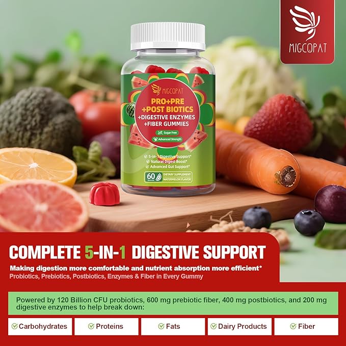 Pre Post Probiotics Gummies, 5 in 1 Probiotic Prebiotic Postbiotic Digestive Enzymes with Fiber, 120 Billion CFU Probiotics - Digestive Health, Sugar Free, Vegan, Watermelon, 60 Gummies