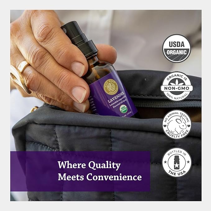 Silk Road Organic Lavender Essential Oil Spray, Lavandula Angustifolia, 100% Pure USDA Certified Aromatherapy for Calming, Relaxation & Skin – 1 oz Spray - Always Pure, Always Organic