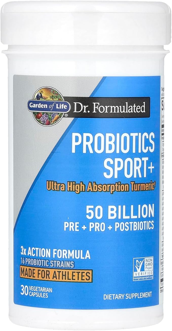 Garden of Life Dr Formulated Sport Probiotics Digestive Supplement, Organic Prebiotics for Women & Men Athletes, Clinically Studied Turmeric Curcumin, 50 Billion CFU, Gut Health, Acidophilus, 30ct