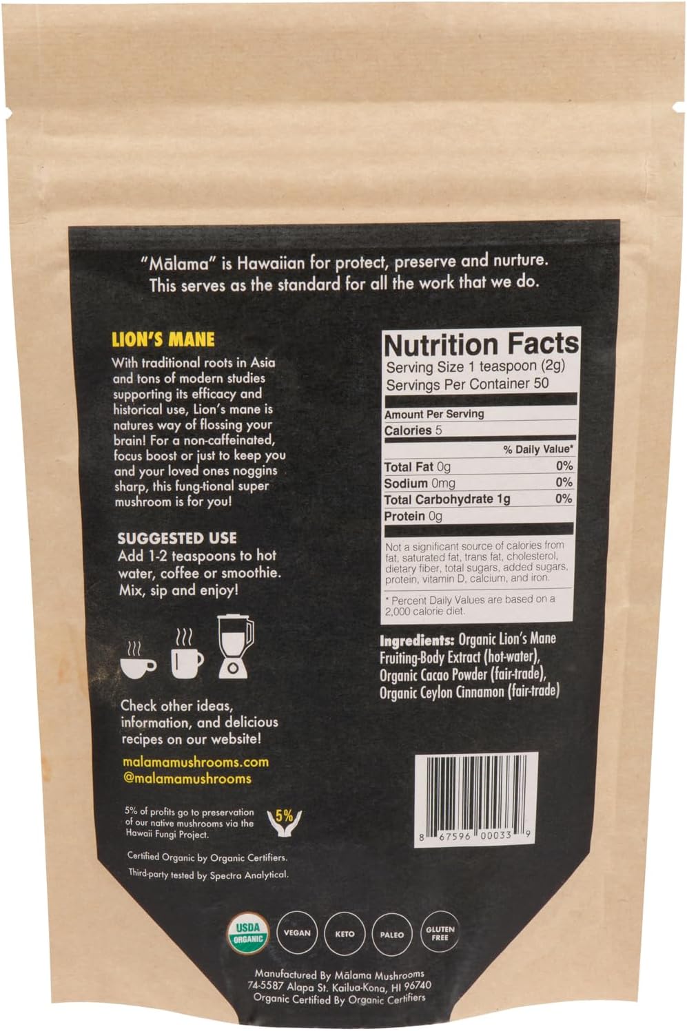 Malama Organic Mushroom Hot Cacao Mix, Lion's Mane Mushroom Powder with Fair Trade Cacao for Focus, Memory, & Immune Support – Vegan Supplement & Superfood, Non GMO, 3.5 oz (50 Servings)