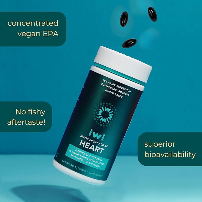 Iwi Life Heart Omega-3, 180 Softgels (90 Servings), Vegan Plant-Based Algae Omega Fatty Acids + EPA, Heart Health Support Dietary Supplement, Krill & Fish Oil Alternative, No Fishy Aftertaste