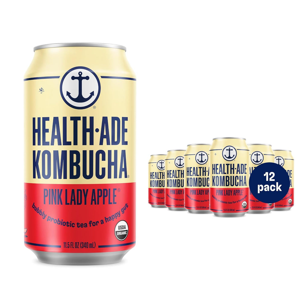 Health-Ade Pink Lady Apple® Kombucha, Organic Drink, 12-Pack (11.5 Fl Oz Cans) - Fermented Tea with Probiotics, Non-GMO, Vegan, Gluten-Free