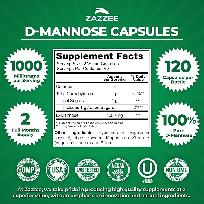 Zazzee D-Mannose, 1000 mg per Serving, 120 Vegan Capsules, 2 Month Supply, Potent & Fast-Acting, Certified Kosher, 100% Pure, All-Natural Urinary Tract Health Support, 100% Vegetarian, Non-GMO