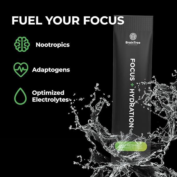 BrainTree Nutrition - Focus + Hydration - Electrolyte Drink Mix - Total Body Hydration - Supports Cognitive Function, Energy & Muscle Recovery - Sugar Free - Refreshing - 30 Stick Packs