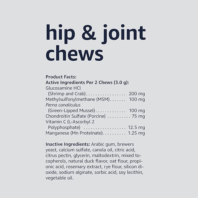 Amazon Basics Dog Hip & Joint Daily Supplement Chews with Glucosamine, MSM, and Vitamin C, Duck Flavored, 120 Count (Previously Solimo)