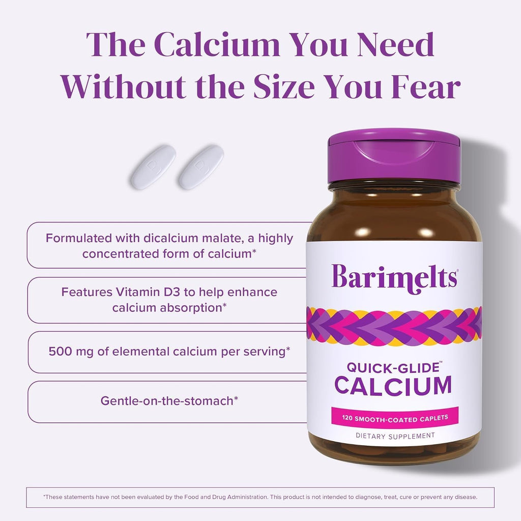 Barimelts Quick-Glide™ Calcium – Easy-to-Swallow Women’s Calcium Supplement with Vitamin D3 – Bone Health & Strength Support – Bioavailable Dicalcium Malate – 120 Smooth-Coated Caplets