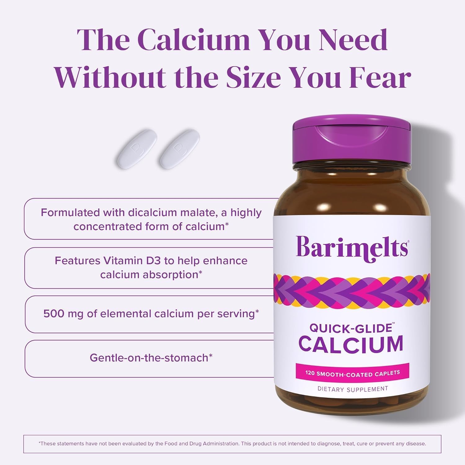 Barimelts Quick-Glide™ Calcium – Easy-to-Swallow Women’s Calcium Supplement with Vitamin D3 – Bone Health & Strength Support – Bioavailable Dicalcium Malate – 120 Smooth-Coated Caplets
