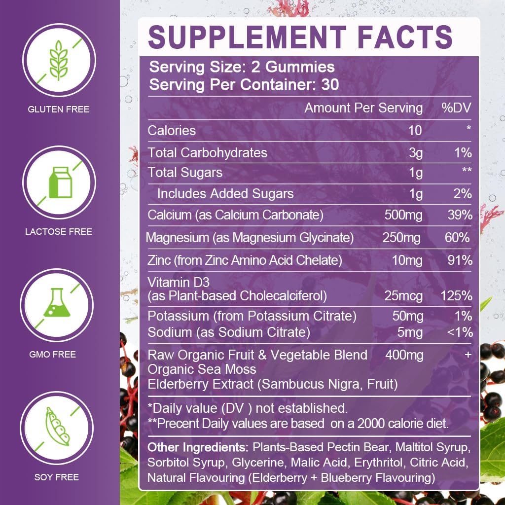 Calcium Magnesium Zinc Gummies with Vitamin D3 - High Absorption Complex Calcium Supplement with Sea Moss, Elderberry for Bone, Muscles, Immune, Mood & Sleep Support, Vegan - 60 Gummies (3 Pack)