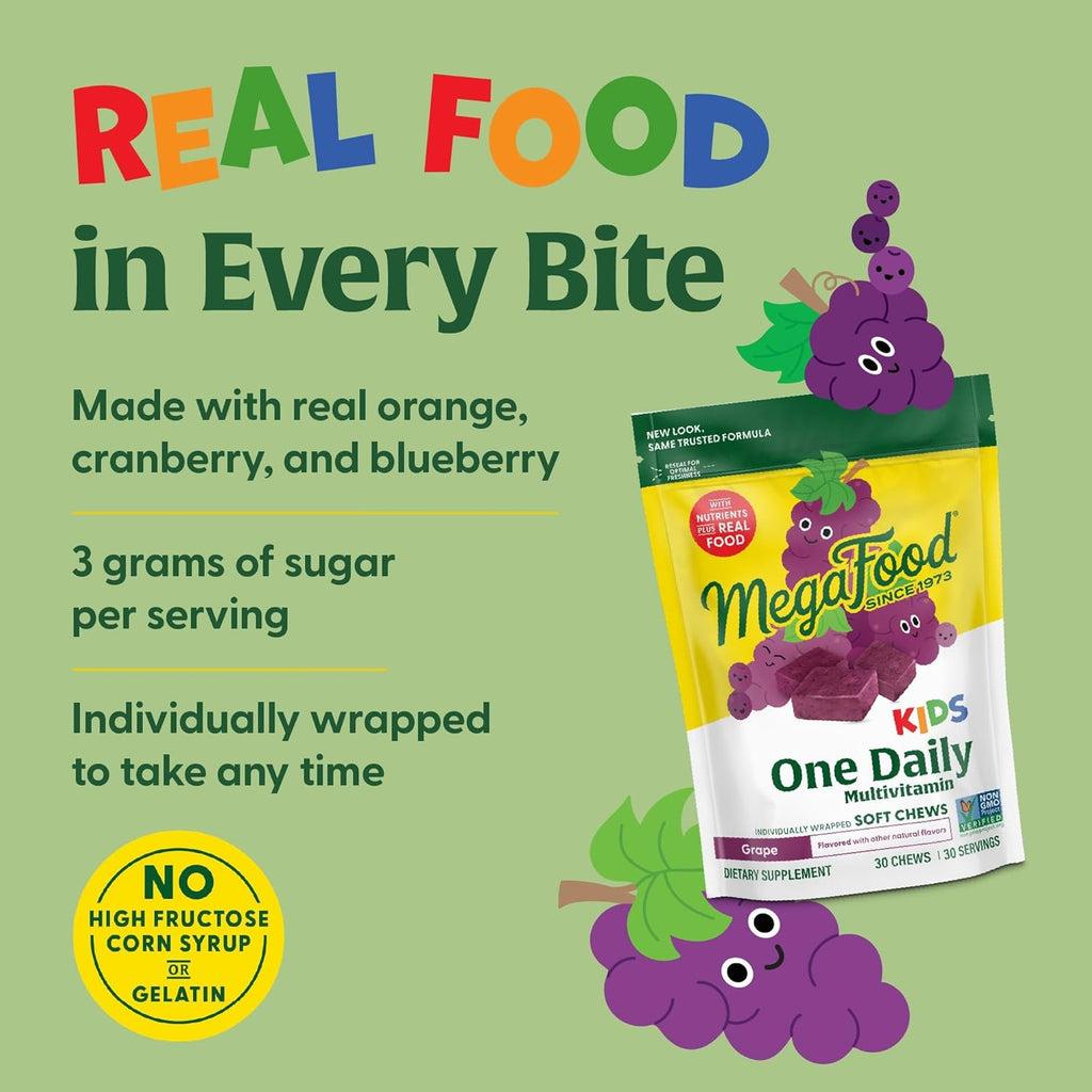 MegaFood Kids One Daily Multivitamin Soft Chews - Kids Vitamins with Vitamin B, Vitamin C, Vitamin D & Vitamin E - Age 4+, Vegetarian, Made Without 9 Food Allergens - Grape Flavor - 30 Chews (2 Pack)