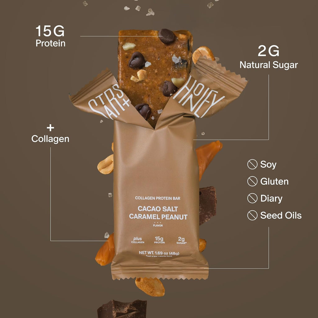 Stars + Honey Protein Bars- Cacao Salt Caramel Peanut,15g Protein, 2g Sugar, w/ Collagen Keto Friendly Snack - Gluten, Dairy, & Soy Free - High-Protein Snacks for Energy & Recovery-10 pack