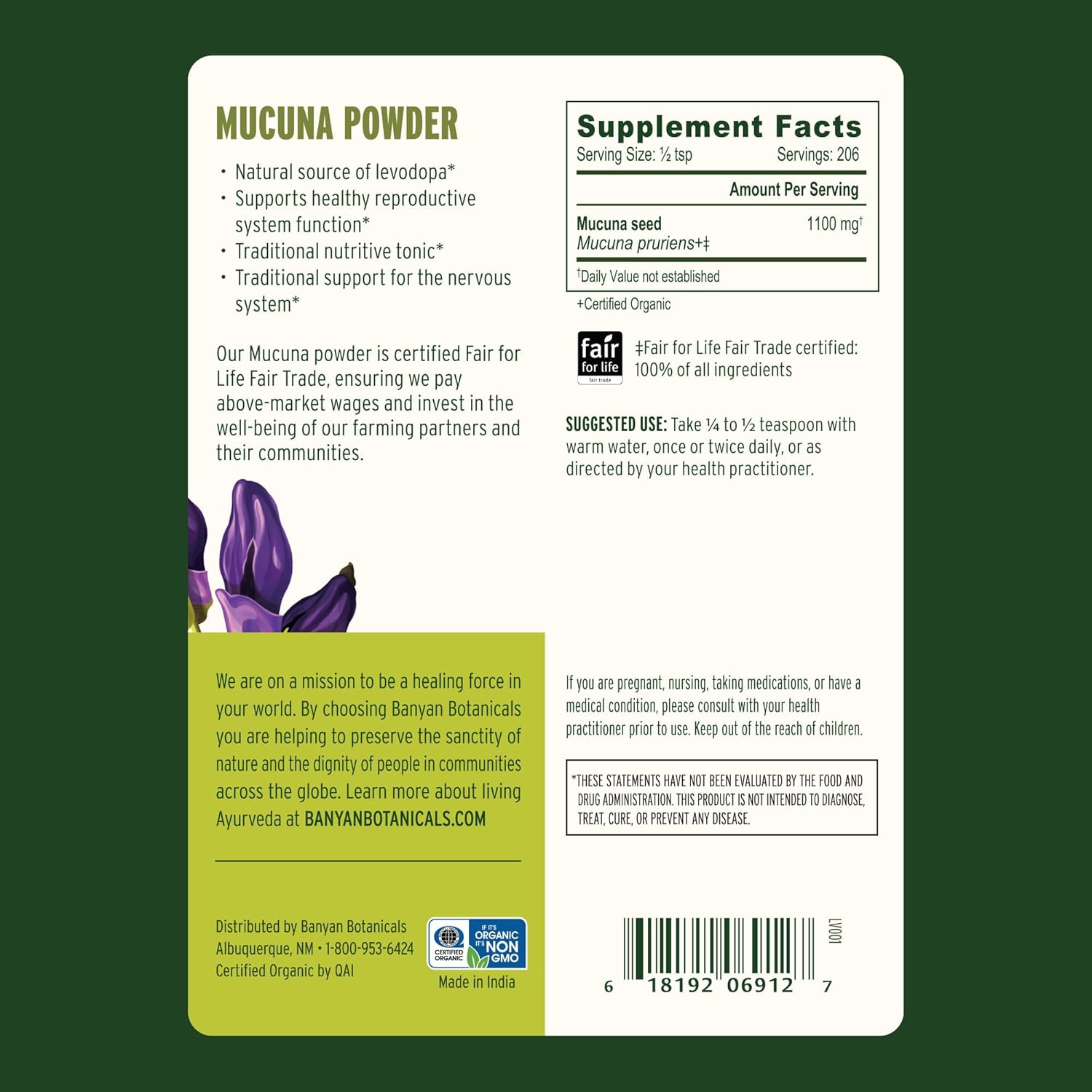 Banyan Botanicals Kapikacchu Powder, 1/2 Pound - USDA Organic - Mucuna pruriens - Natural Source of L-dopa*