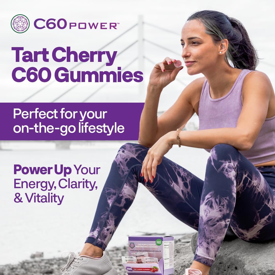 C60 Power Gummies, 1 Box Sugar Free Tart Cherry - 99.99% Pure, Sublimated C60Carbon Fullerenes and Organic Coconut Oil, Made in The USA, Supports Energy & Mental Clarity (30 Count)