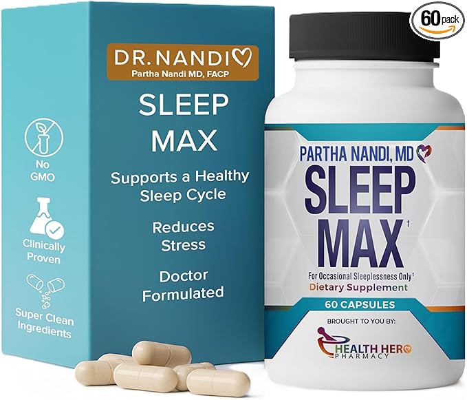 Sleep Max Natural Sleep Aid – Magnesium, GABA, 5-HTP & Taurine – REM Sleep & Deep Sleep Supplement Without Melatonin – Non-Habit Forming Vegan Herbal Sleep Aid – Non-GMO – 60 Capsules