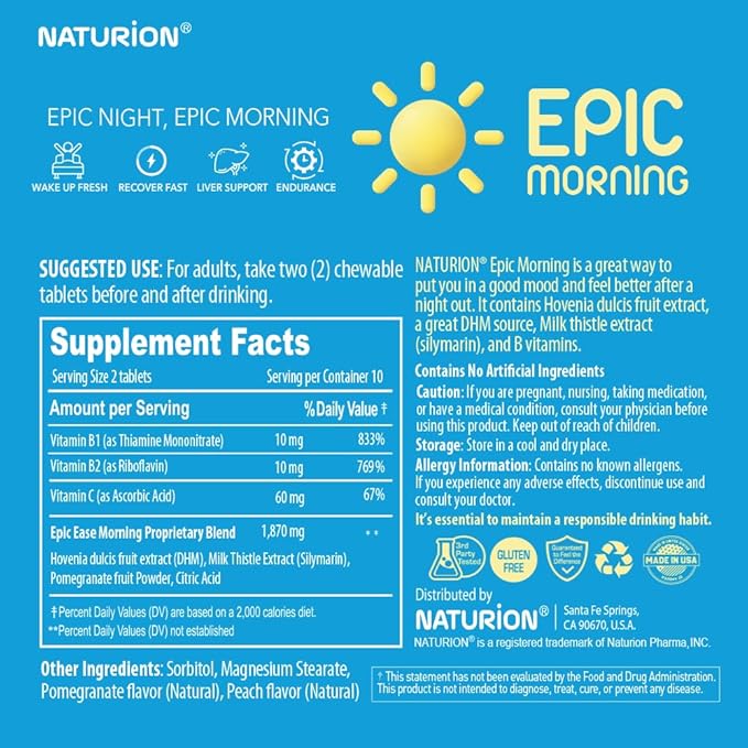 Epic Morning - Liver Detox & Repair Supplement with DHM, Milk Thistle, Vitamin C, B1, B2 & Pomegranate - Natural Pomegranate & Peach Flavor - 20 Chewable Tablets for Liver Support & Morning Recovery