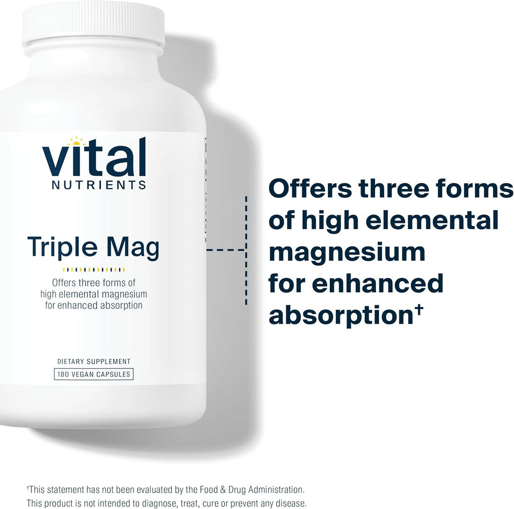 Vital Nutrients Triple Magnesium Complex Supplement | Vegan Magnesium Glycinate, Malate & Oxide 250mg | Easily Absorbed Magnesium Supplement for Stress, Muscle, Heart, Bone Support | 180 Capsules