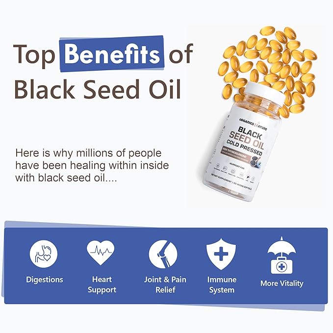 ORGANICS NATURE Dried Sea Moss Wildcrafted & Black Seed Oil Capsules | Raw Gluten-Free, for Lung Detox, Immune System Support Softgels, for Hair, Skin, Heart, Nigella Sativa, Cold Pressed Cumin Seed.