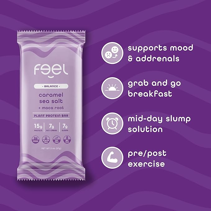 Feel Vegan Protein Bars, Vitality, Maca Root, Dairy, Nut, Grain, Soy Free, 15g Plant Protein, Adaptogenic Snack, Organic, Low Sugar, Low Carb, Gluten Free, Caramel Sea Salt, 10 Pack